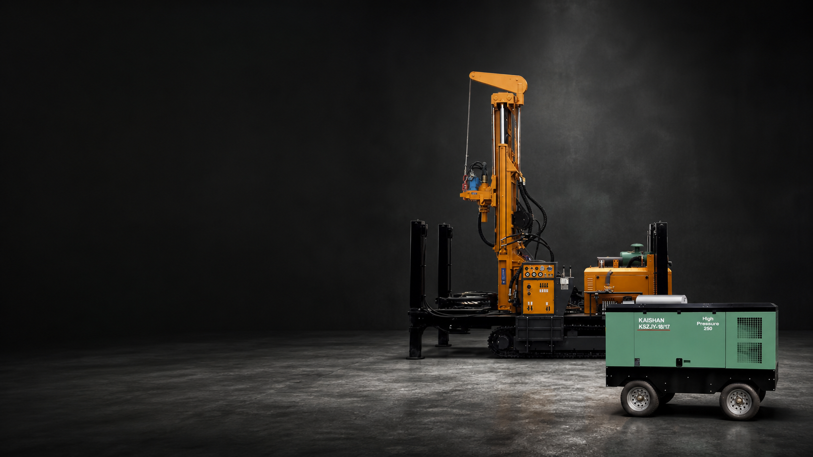 Studio concept showing a yellow drilling rig and a green air compressor, composed from product references.