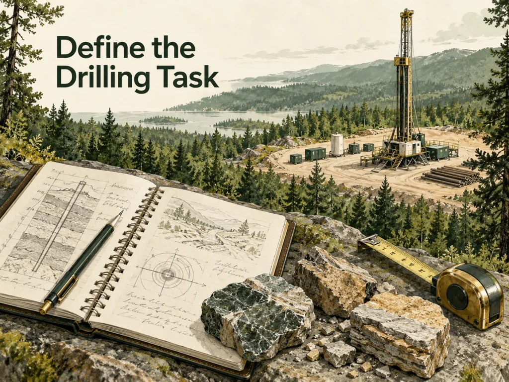 Drilling enquiry notebook, samples and a conceptual water well rig. Concept illustration.