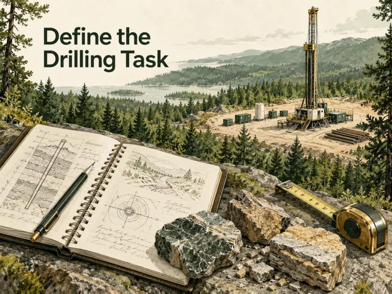 Drilling enquiry notebook, samples and a conceptual water well rig. Concept illustration.