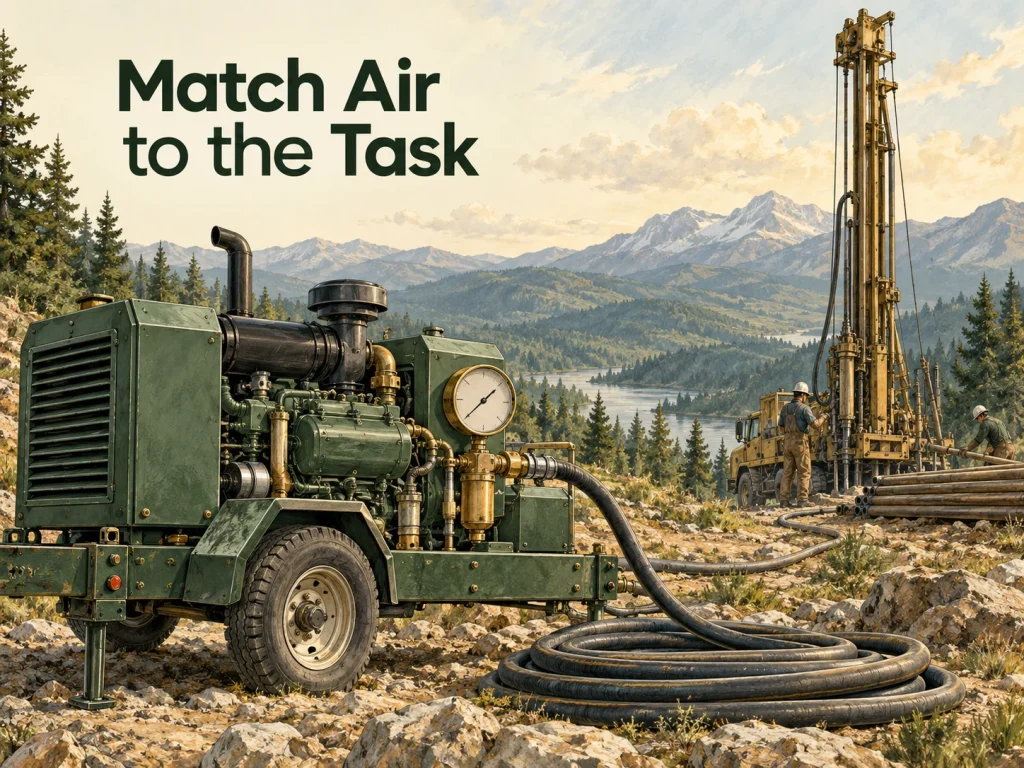 Illustrated compressor, gauge and water well rig. Concept illustration.