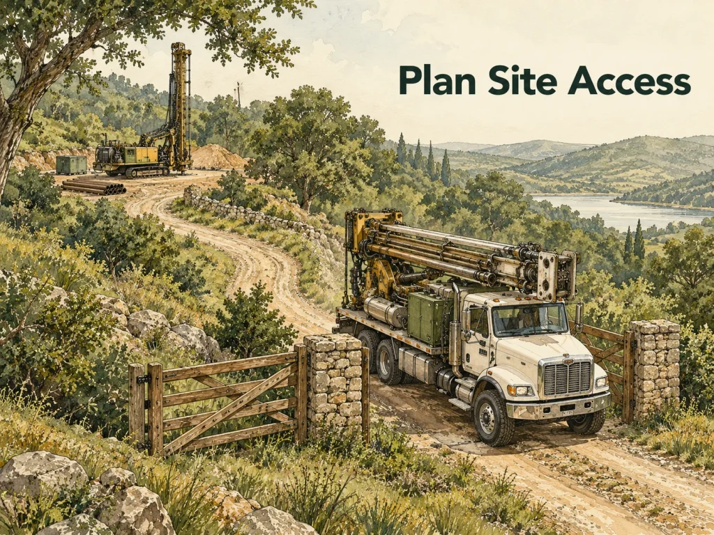 Illustrated water well rigs and site access. Concept illustration.