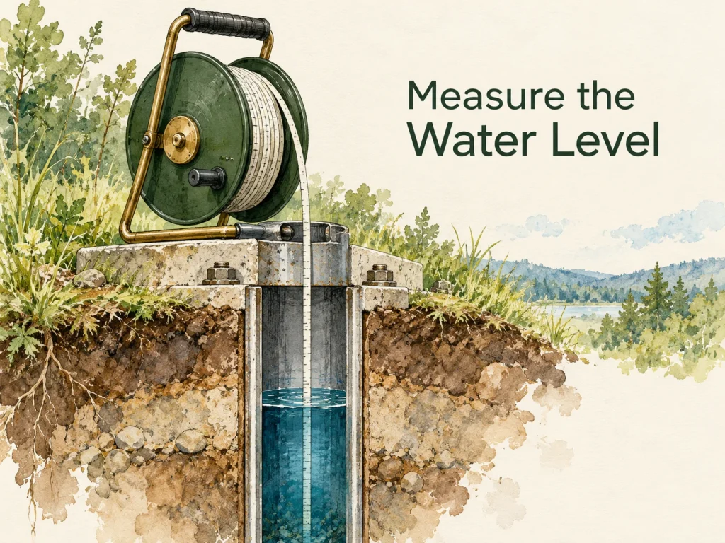 Water-level meter reel and a conceptual well cutaway. Concept illustration.