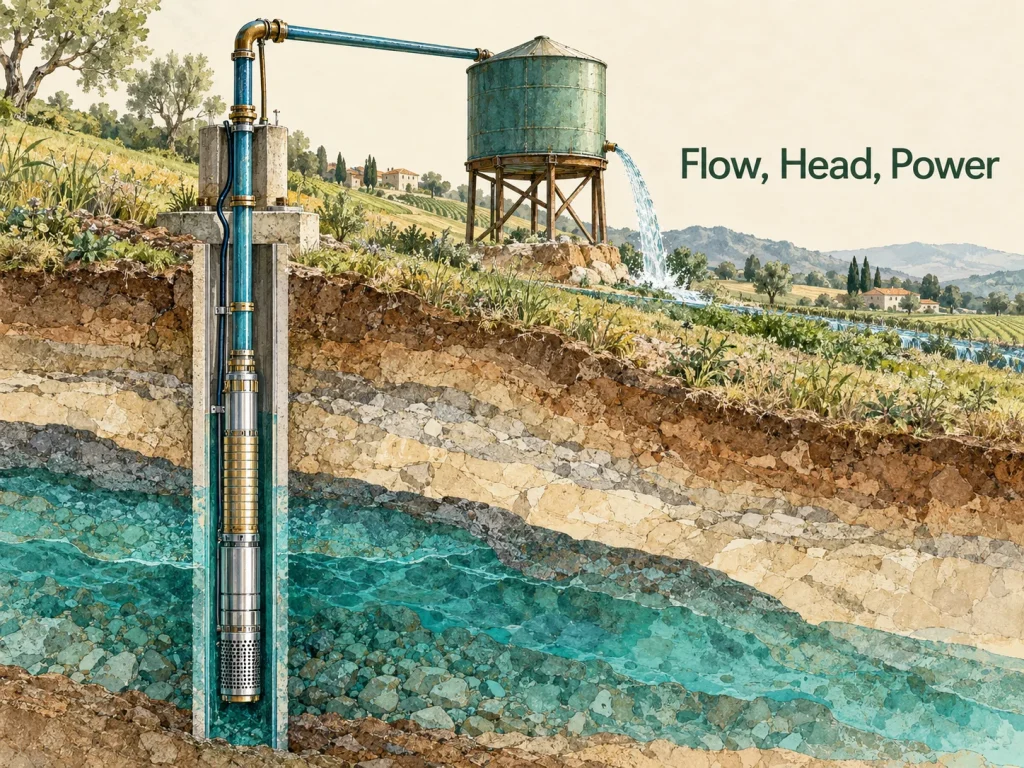 Conceptual deep-well pump and water-delivery arrangement. Concept illustration.