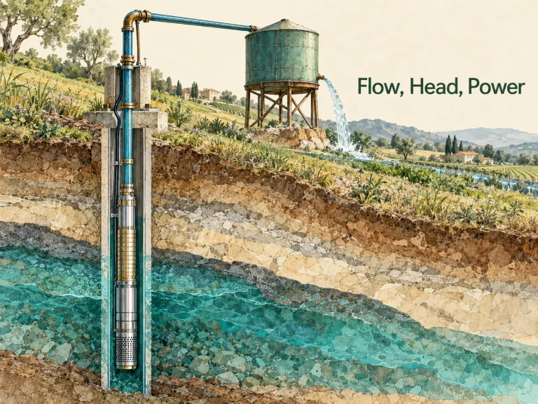 Conceptual deep-well pump and water-delivery arrangement. Concept illustration.