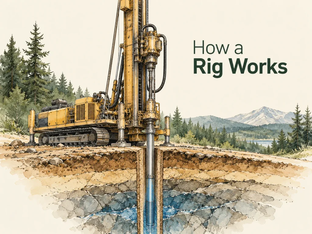 Conceptual water well rig and borehole cutaway. Concept illustration.
