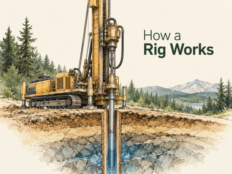 Conceptual water well rig and borehole cutaway. Concept illustration.