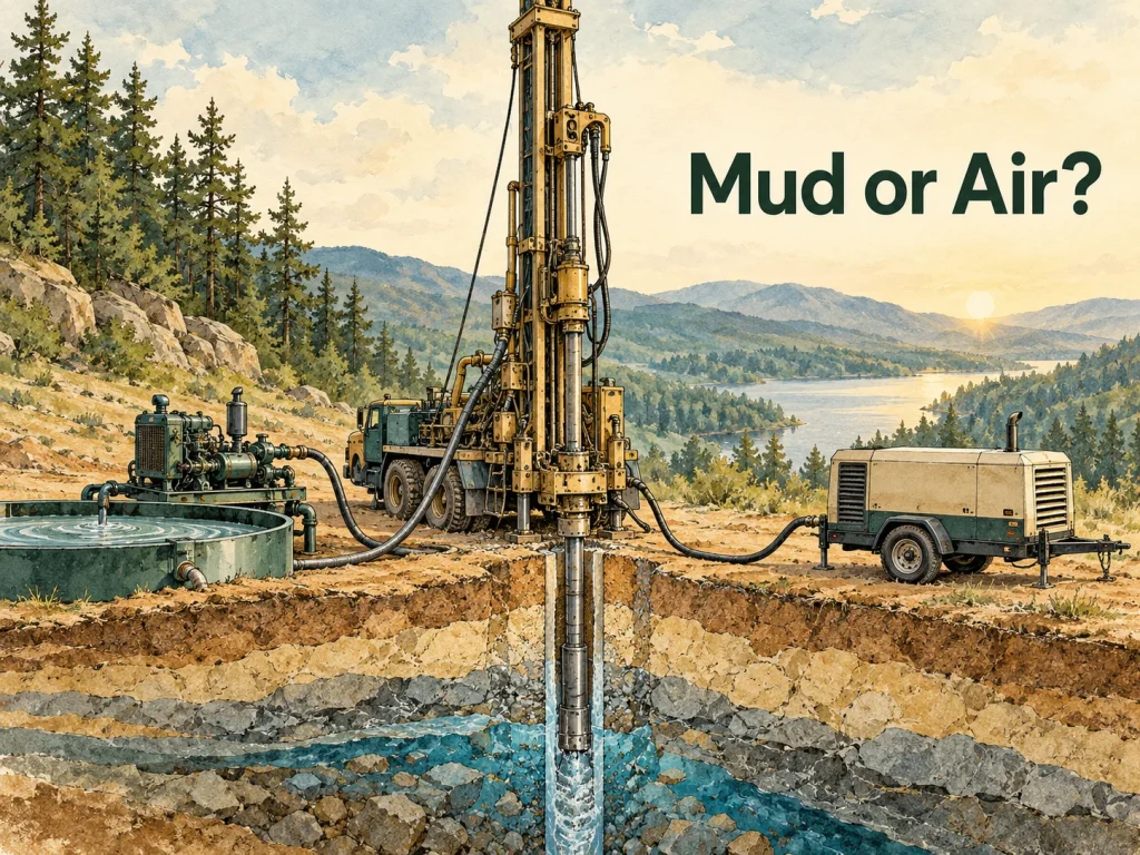 Conceptual water well rig with mud and air equipment. Concept illustration.