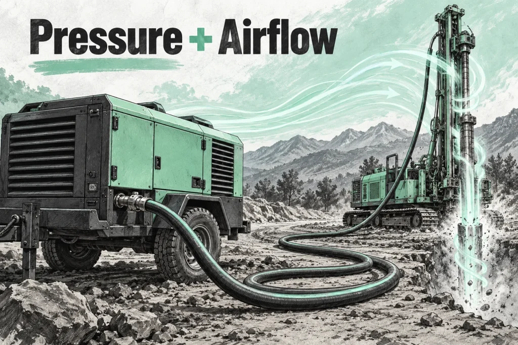 Air compressor and water well rig with illustrative airflow strokes. Concept illustration.