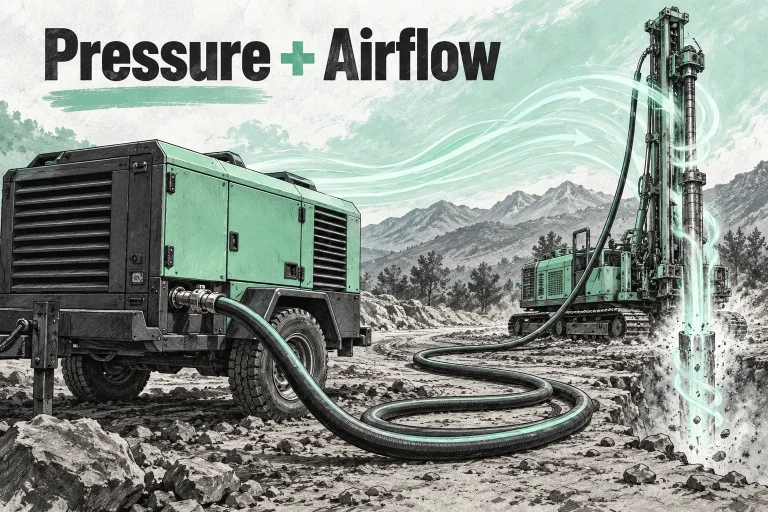 Air compressor and water well rig with illustrative airflow strokes. Concept illustration.