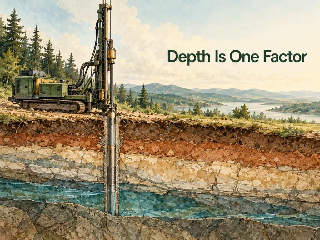 Conceptual drilling rig above layered ground. Concept illustration.