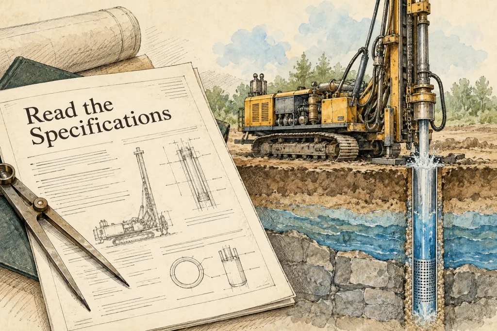 Specification documents and a conceptual drilling rig. Concept illustration.