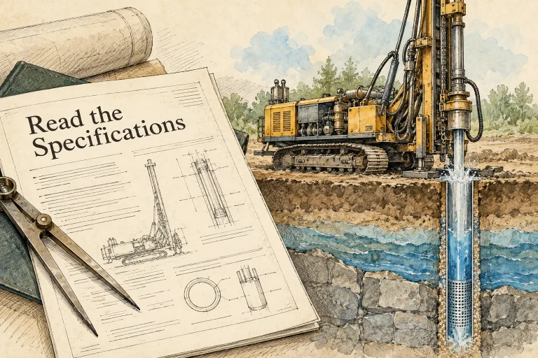 Specification documents and a conceptual drilling rig. Concept illustration.