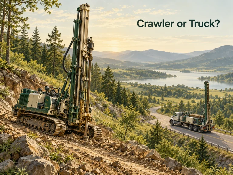Crawler and truck-mounted water well rigs in a continuous landscape. Concept illustration.