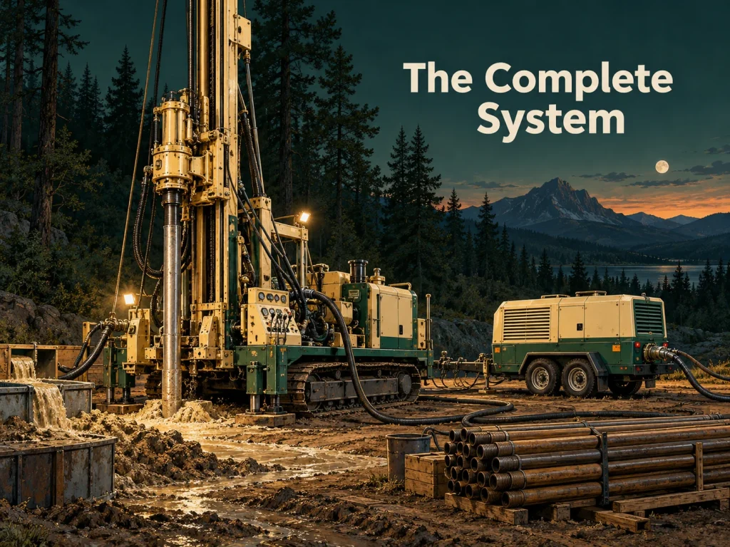 Conceptual water well rig, air compressor and drill rods. Concept illustration.