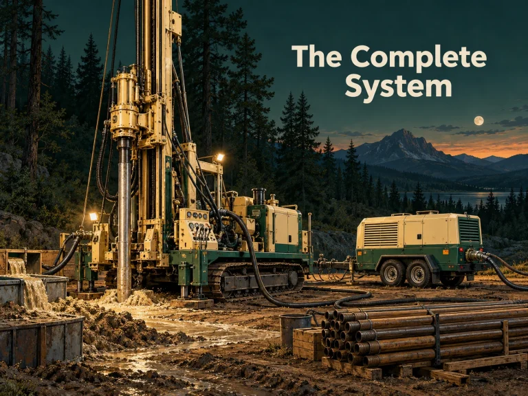Conceptual water well rig, air compressor and drill rods. Concept illustration.