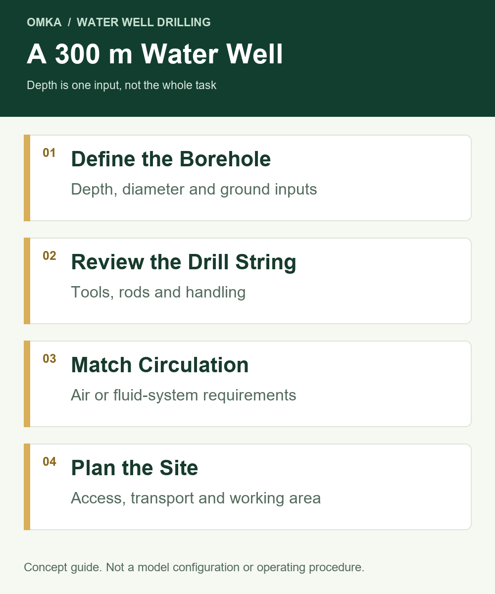 A 300 m Water Well: Define the Borehole, Review the Drill String, Match Circulation, Plan the Site